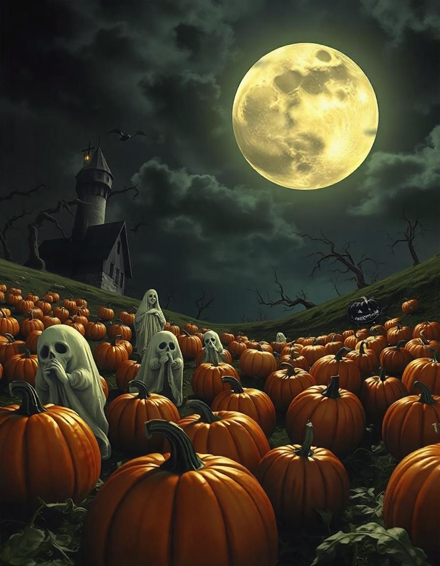 Misty haunted pumpkin patch under a moonlit sky with glowing pumpkins and shadowy figures.